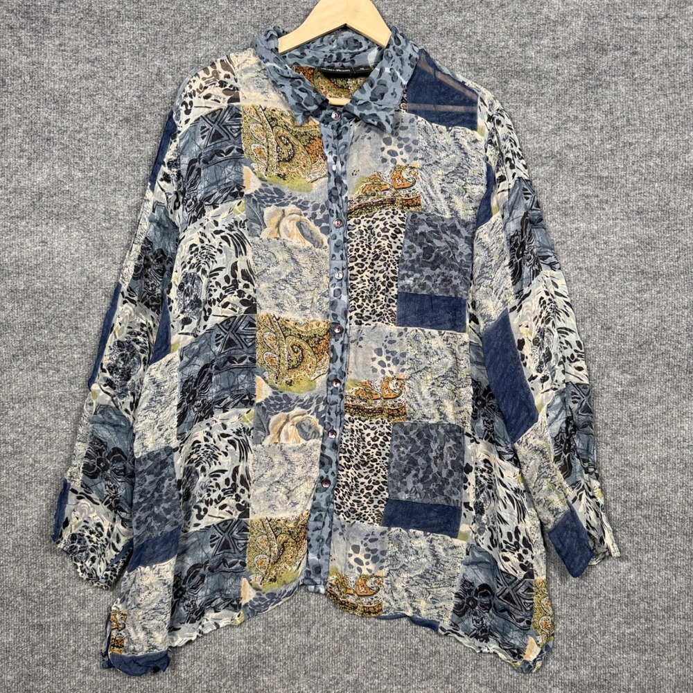 Maggie Barnes Plus Size 2X Button Up Shirt Gray Patchwork Artsy Long Sleeves